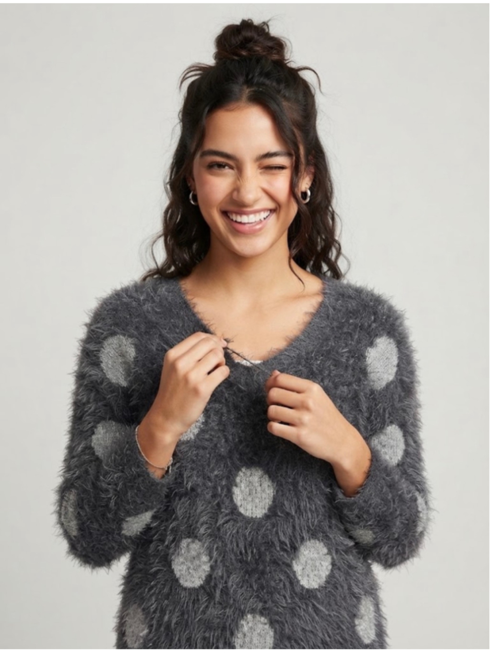 Joseph A. Polka Dot Fuzzy Sweater, Size S, Grey